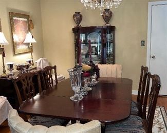 Drop Leaf Dining Table, 4 Chippendale chairs and upholstered chairs