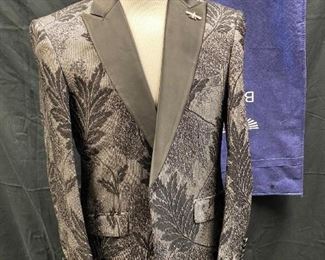 Barabas Black on Black Leaf Pattern Formal Tuxedo Blazer Jacket Suit Coat Slim Fit