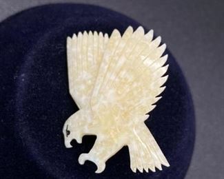 Carved Horn Bone Eagle Hawk Bird of Prey Pin Brooch Artist Signed R. Mayac