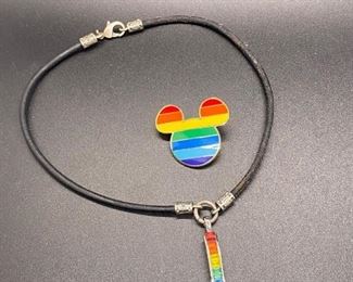 Disney 2006 Mickey Mouse PRIDE Lapel Pin Rainbow Rhinestone Necklace LGBTQ