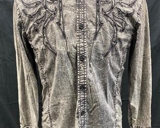 Mens Roar Distressed Black Embroidered Long Sleeve Button Shirt