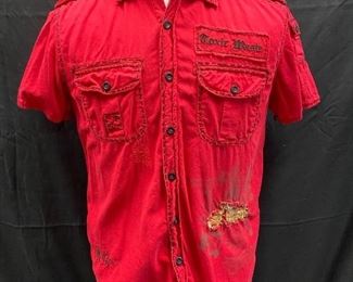 Mens Toxic Waste Los Angeles Distressed Motorcycle Red Button Front Shirt Medium