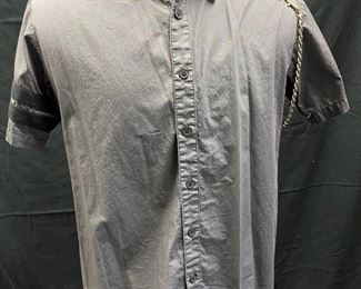 Mens Tripp NYC Button Front Dark Grey Chain Shoulder Short Sleeve Shirt Large