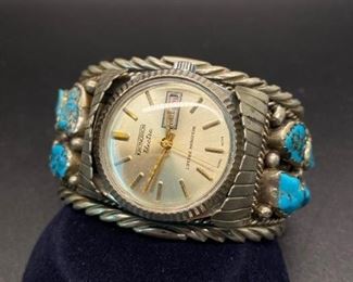Mens Vintage Southwestern Rough Turquoise Cuff Bracelet Watch Wind Up Kronotron Works