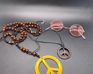 Pair of Rose Colored Lennon Glasses and Peace Sign Necklaces
