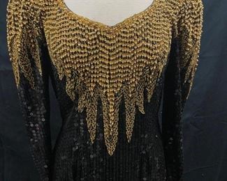 Retro Vintage Black Gold Sequined Beaded Formal Cocktail Party Dress