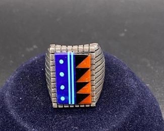 Sterling Silver 925 Mens Southwestern Navajo Inlay Stone Ring Size 10 Marked Signed Old Pawn