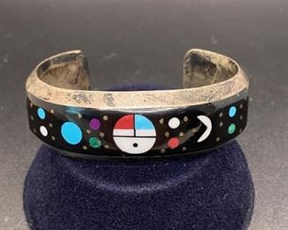 Sterling Silver WS Willie Shaw Navajo Zuni Inlay Stone Sun Face Moon Stars Planets Cuff Bracelet