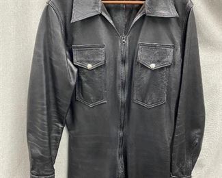 Vintage Black Leather Zipper Front Jumpsuit Boilersuit Coveralls Catsuit SM International