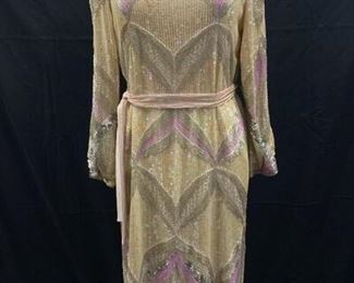 Vintage Judith Ann Creations Heavy Bead Sequin Silk Womans Flapper Party Formal Dress Small