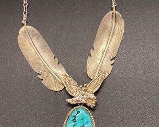 Vintage Old Pawn Sterling Silver Southwestern Artist Harrison Turquoise Eagle And Feather Necklace
