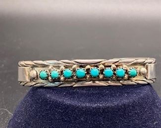 Vintage Slender Sterling Silver Old Pawn Turquoise Cuff Bracelet MJ Marcella James
