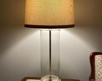 Pair of glass lamps with linen shades