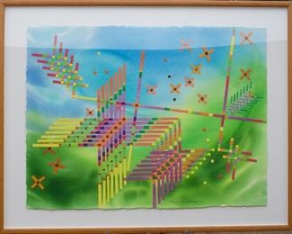 Beverly Lake Hoffman - Signature Member National Watercolor Society - Framed Watercolor Collage - “Zephyr Zig Zag” -  36”W by 29”H  