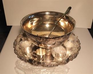 Wallace Silver Plate Punch Bowl with Under Plate and Cups