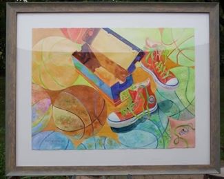 Beverly Lake Hoffman - Signature Member National Watercolor Society - Framed Abstract Still Life - “Left on Court” - 32”H by 39”W