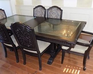 Formal Glass Topped Dining Table w/8 Chairs and 2 Extensions