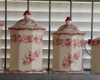 Red and White Canister set and Handled Pot