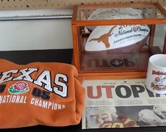 UT 2005 Rosebowl Lot. All items will be Sold Together as one. Includes a Football in a Glass Case, mug, newspaper and Large Hoodie 