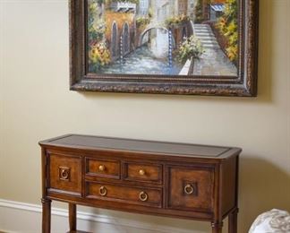 Side console, beautiful wood and pulls--the artwork is for sale too!