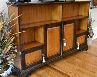 Beautiful bookcase and storage cabinet in multiple woods--very unusual.