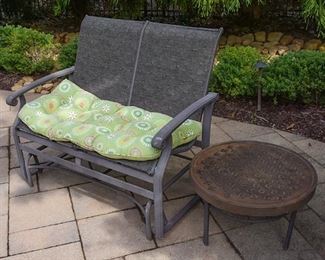 outdoor bench and metal side table