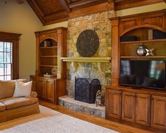living room furniture, television/TV, fireplace screen, rug, decorative items