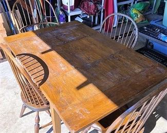 ELEGANT DINING TABLE W/ 4 WINDSOR CHAIRS - HANDMADE FROM SOLID OAK MATERIALS FROM THE RECONSTRUCTION OF 75 CENTRAL IN THE 1990s. A BEAUTIFUL PART OF DALLAS W/ A LEAF.