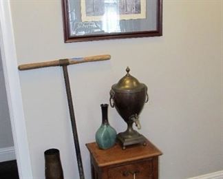 Antique WW2 artillery shell, antique brass coffee urn, antique garden tool, & small antique table - cute!