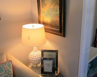 Mid-century framed painting by artist by John Bordiuk, Designer lamps pair(1 shown)