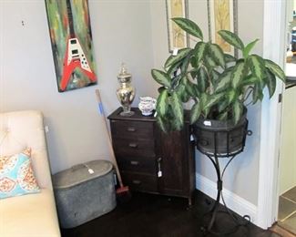 Perfect size antique chest w/ original pulls. Metal plant stand, & decor art throughout the home.