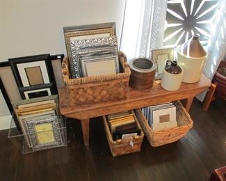 Lots of designer frames - nice quality! Antique reclaimed barnwood handmade bench, antique stoneware crocks