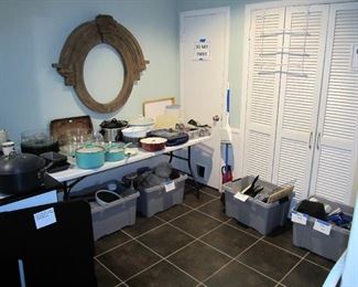 Lots of goodies in the kitchen including a Kitchen Aid - Proline Series. Featured are - Bormioli, Tefal, Cuisinart, Keurig, La Creuset, Cast-iron, Longaberger, Gibson, Threshold, Corningware, Folk Craft, YHY, Gloria Vanderbilt, Revereware, & more!