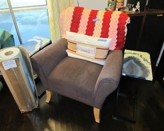Lovely living room accent chair & C-frame metal end tables. Large roll of wrapping paper from Restoration Hardware - sage green (thicker stock)