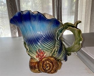 Antique French Majolica Conch Seashell Pitcher