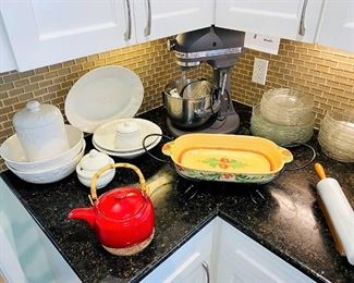 Lots of goodies in the kitchen including a Kitchen Aid - Proline Series. Featured are - Bormioli, Tefal, Cuisinart, Keurig, La Creuset, Cast-iron, Longaberger, Gibson, Threshold, Corningware, Folk Craft, YHY, Gloria Vanderbilt, Revereware, & more!