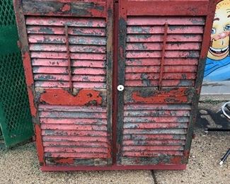 Vintage Window Shutter Cabinet with Pegboard inside 