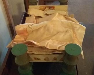 Antique doll bed made from wood spools & cigar box