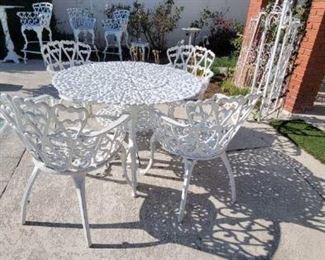 14b. $600.00
Victorian era reproduction garden furniture .  Cast metal.  Table and 4 chairs
