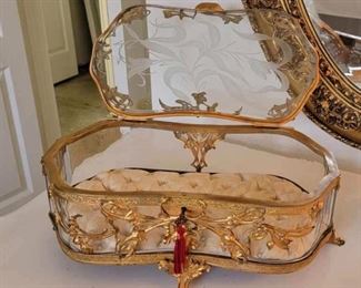 11.  Additional view.  Open position.  French Vitrine Victorian Era Jewelry Casket.   Beautiful etched design with gilded bronze overlay.  Original key!  France.
C. 1880. 
