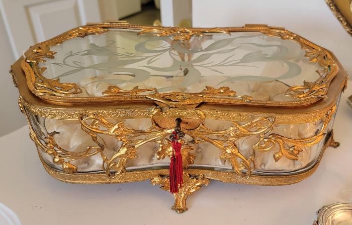 11.  $2,500.00.  French Vitrine Victorian Era Jewelry 	
Casket.   Beautiful etched design with
 gilded bronze overlay.  Original key!  France.
C. 1880. 

