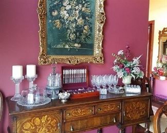 Beautiful antique inlaid buffet with tobacco twist legs.