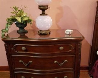 One of two matching cherry nightstands by American Drew and one of two matching Fenton lamps