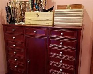 Large cherry jewelry chest and lots of costume jewelry