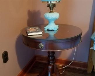 Drum table and one of two blue Fenton lamps