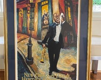 2001 Official New Orleans Jazz & Heritage Festival Print  - Louis Armstrong by James Michalopoulos.  Beautifully framed, signed and numbered. 
