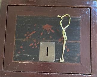 Antique Solid Wood Chest with Brass Hardware and pull key to open the top door.