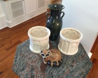 Large NC pottery vase, pair of ceramic planters, and…a friendly raccoon🤪