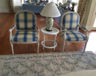 Pair of arm chairs, side table and lamp