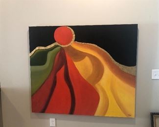 $950 / Original Art by New Orleans Artist June Lampe Mixed Media (oil and gold leaf) wrap canvas. Great bold colors with amazing punch for just the right featured spot on your wall. Extra-large size measuring 45"wide x 34.5" tall.  TEXT 404-771-6060 to purchase. 